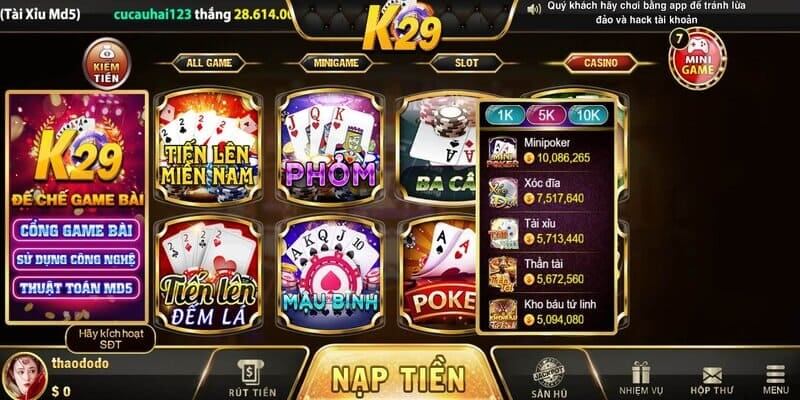 Kho game đa dạng với những tựa game hot nhất hiện nay