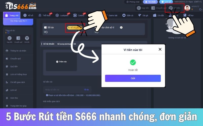 5 Bước Rút tiền S666 nhanh chóng, đơn giản